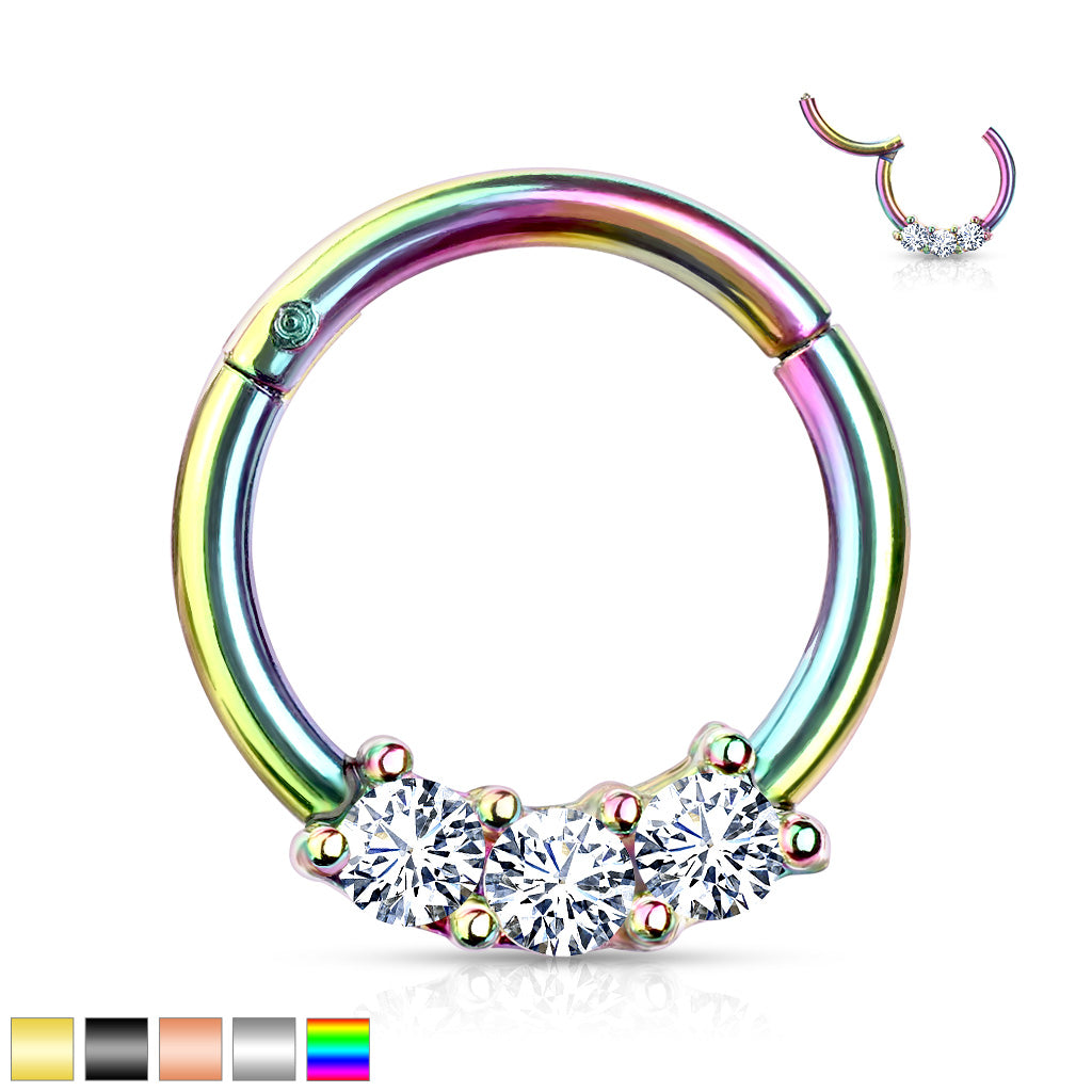 1pc Three CZ Gem Hinged Segment Ring Septum Clicker 316L Surgical Steel