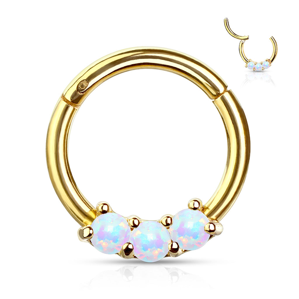 1pc Three Opals Hinged Segment Ring Septum Clicker 316L Surgical Steel