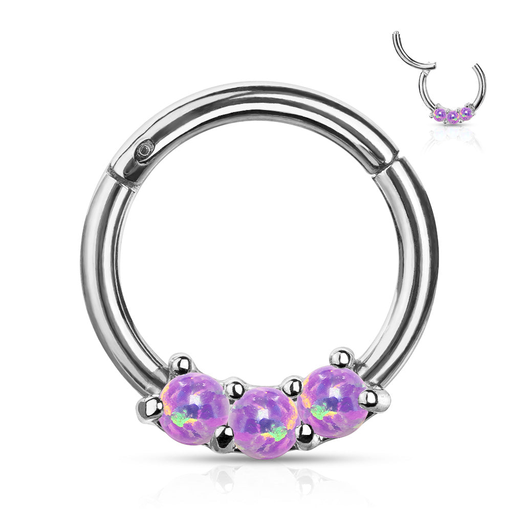 1pc Three Opals Hinged Segment Ring Septum Clicker 316L Surgical Steel
