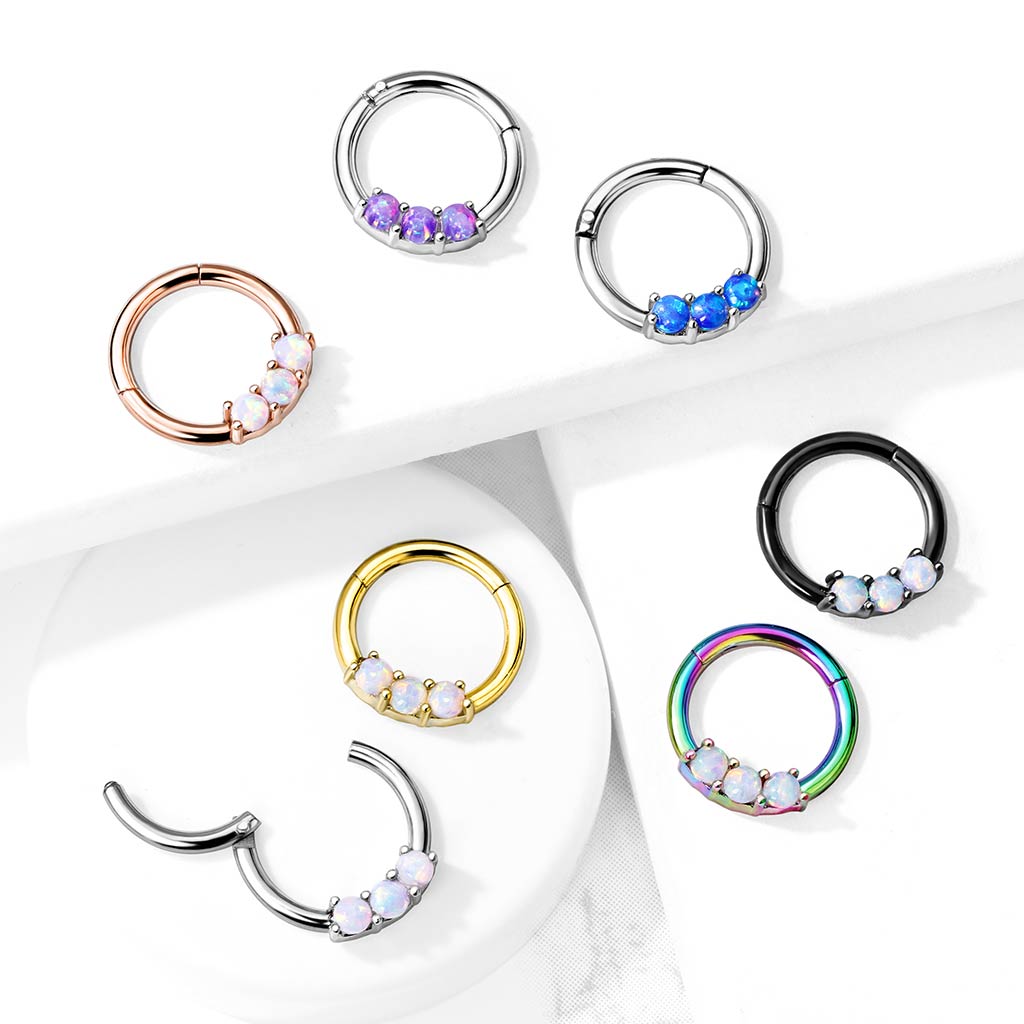 1pc Three Opals Hinged Segment Ring Septum Clicker 316L Surgical Steel