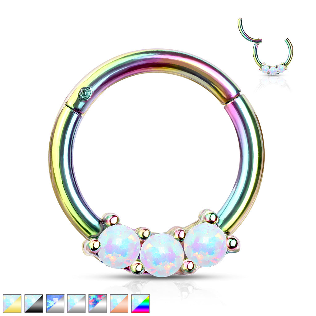 1pc Three Opals Hinged Segment Ring Septum Clicker 316L Surgical Steel