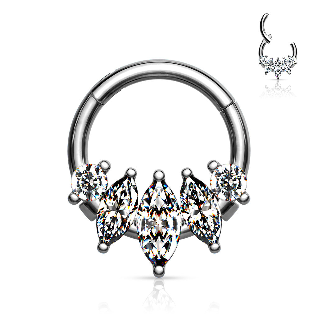 1pc Five Marquise CZ Gem Hinged Segment Ring 16g Septum Clicker Surgical Steel