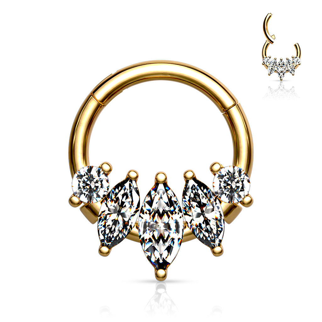 1pc Five Marquise CZ Gem Hinged Segment Ring 16g Septum Clicker Surgical Steel