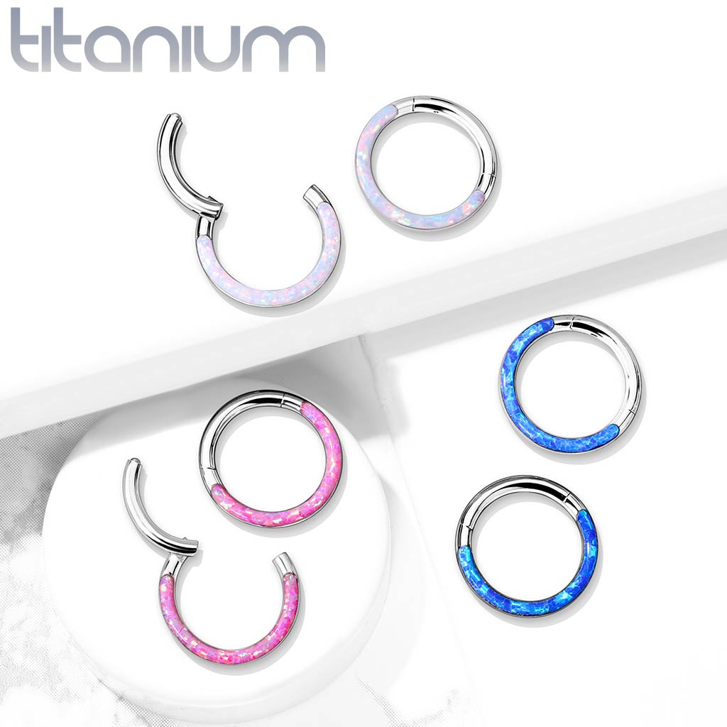 1pc Implant Grade Titanium Opal Front Edge Hinged Segment Ring Daith Hoop Septum Clicker
