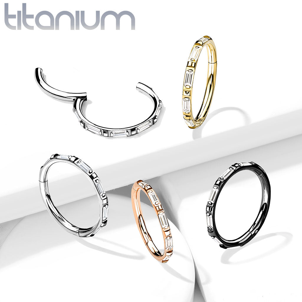 1pc Titanium Baguette CZ Gem Outer Side Hinged Segment Ring Helix Septum Clicker