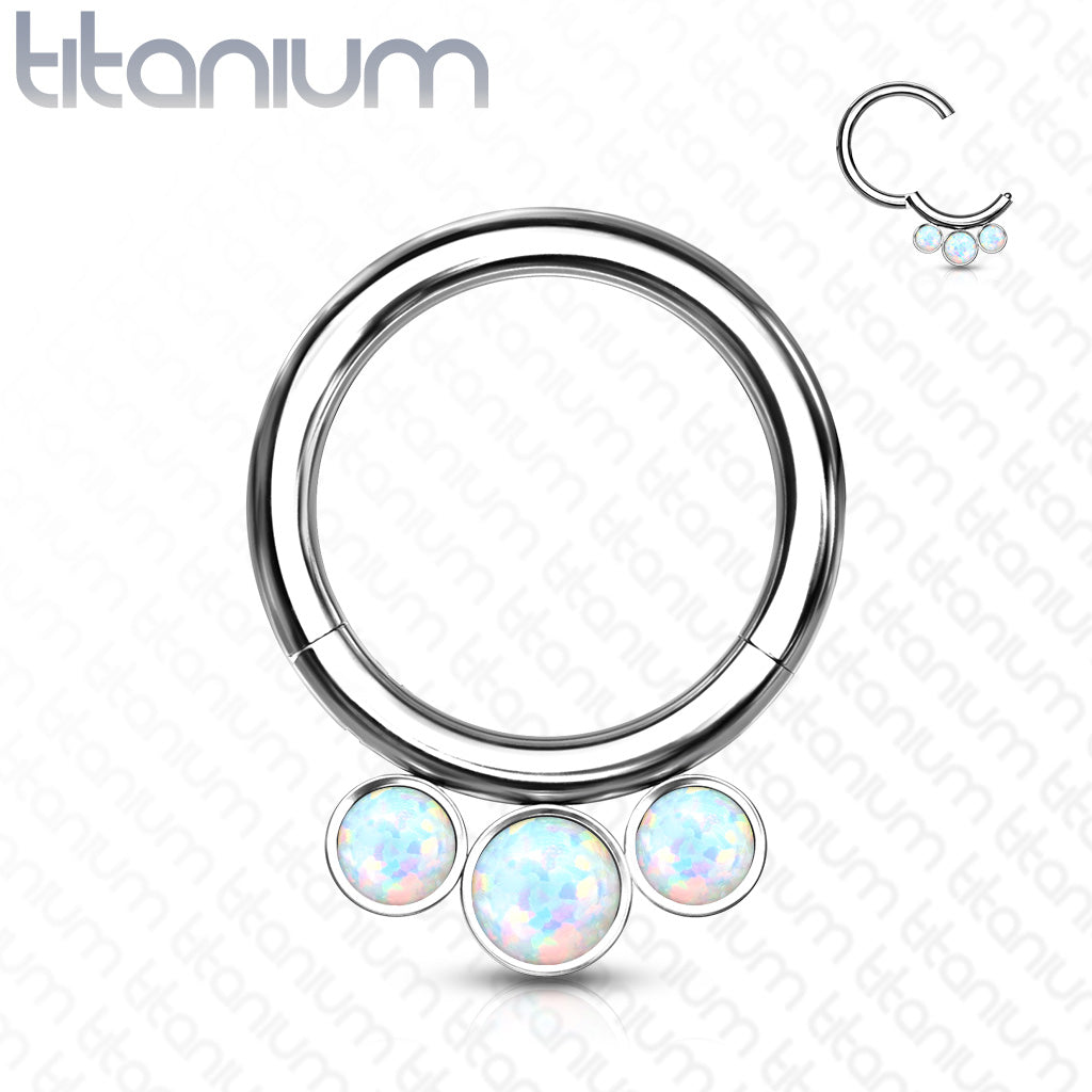 1pc Solid Titanium 3 Bezel Set Opals Hinged Segment Ring Helix Septum Clicker