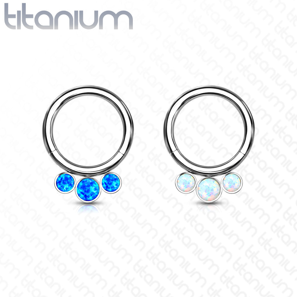 1pc Solid Titanium 3 Bezel Set Opals Hinged Segment Ring Helix Septum Clicker