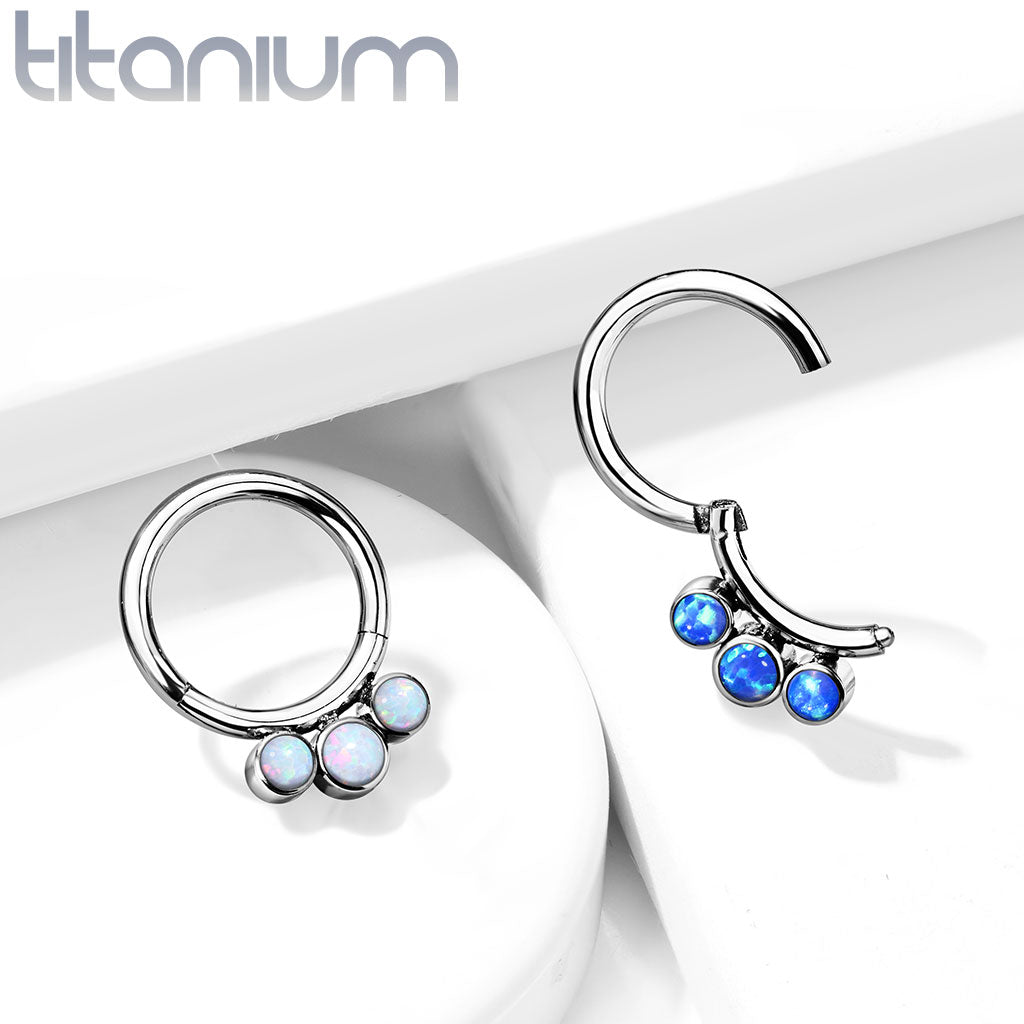 1pc Solid Titanium 3 Bezel Set Opals Hinged Segment Ring Helix Septum Clicker