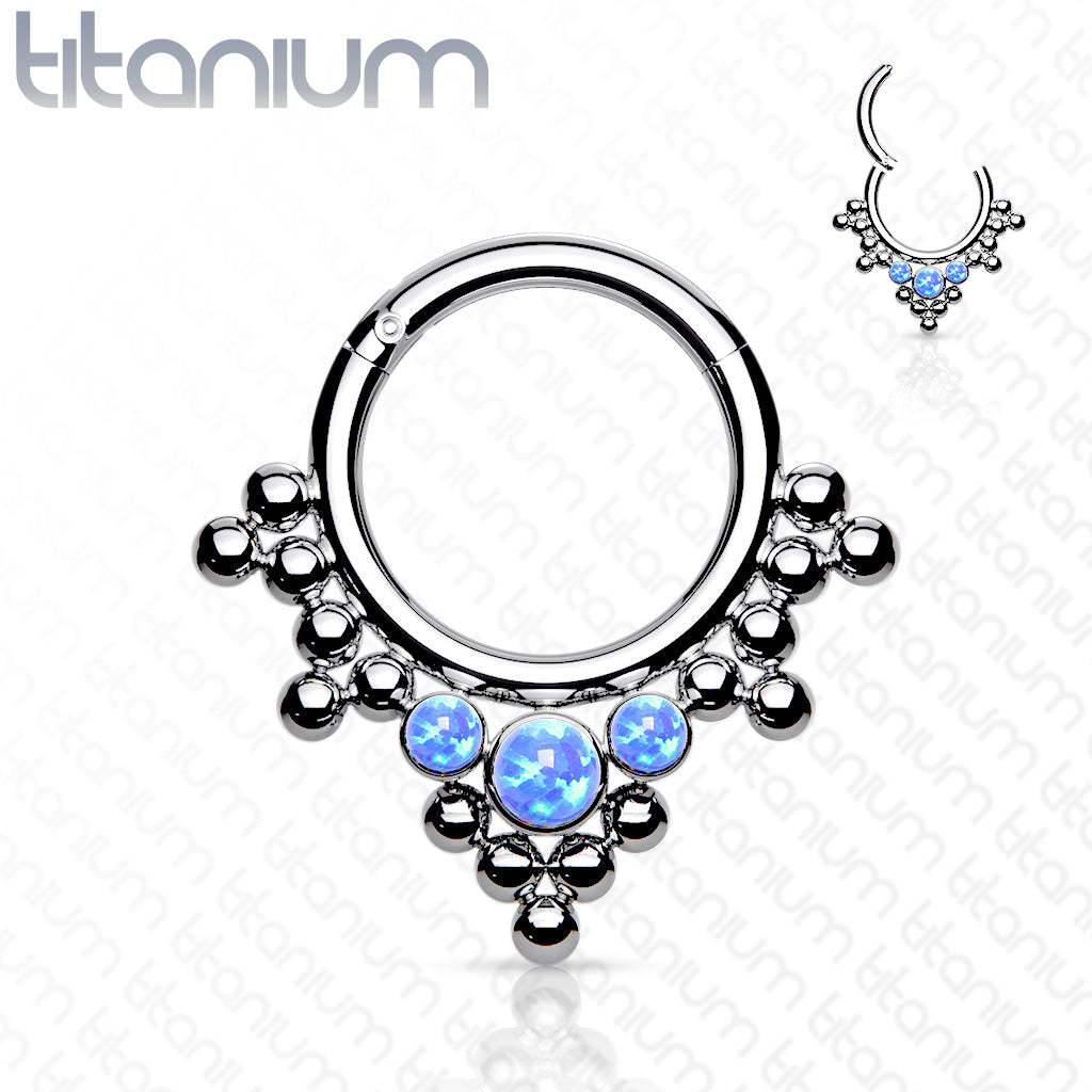 1pc Solid Titanium 3 Opals & Beads Hinged Segment Ring Helix Septum Clicker