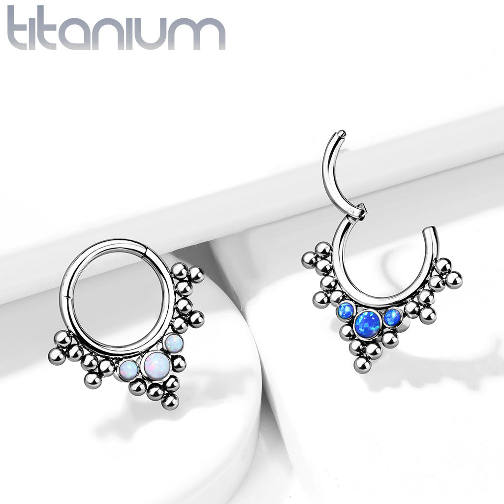 1pc Solid Titanium 3 Opals & Beads Hinged Segment Ring Helix Septum Clicker