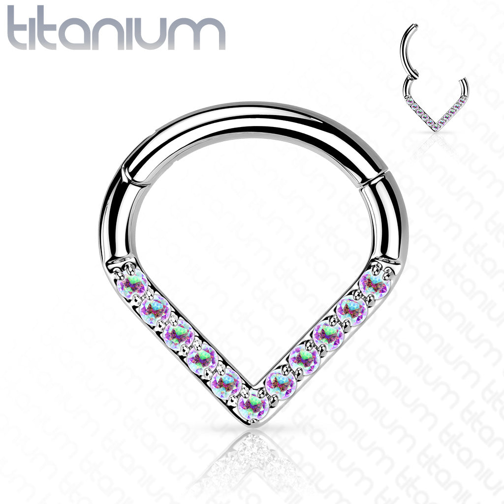 1pc Titanium CZ Gem Paved Chevron Line Hinged Segment Ring Helix Septum Clicker