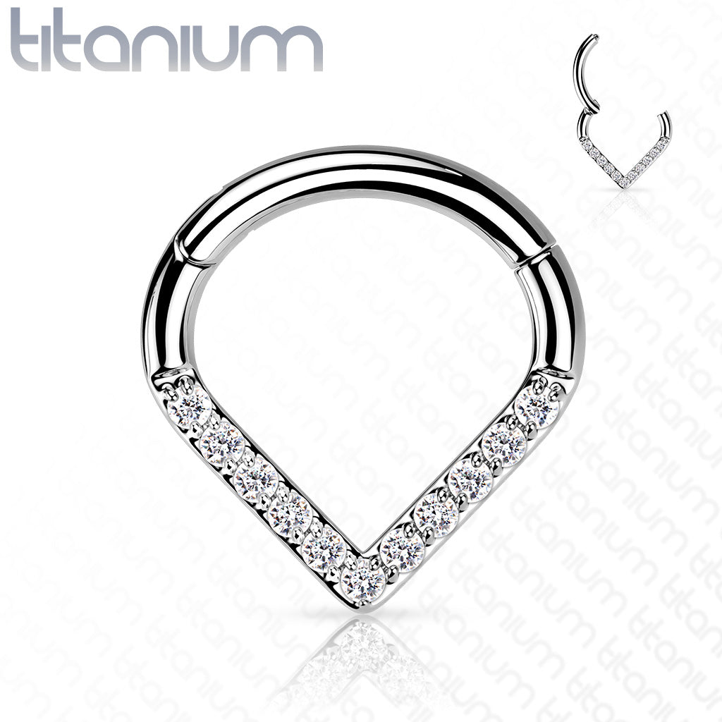 1pc Titanium CZ Gem Paved Chevron Line Hinged Segment Ring Helix Septum Clicker