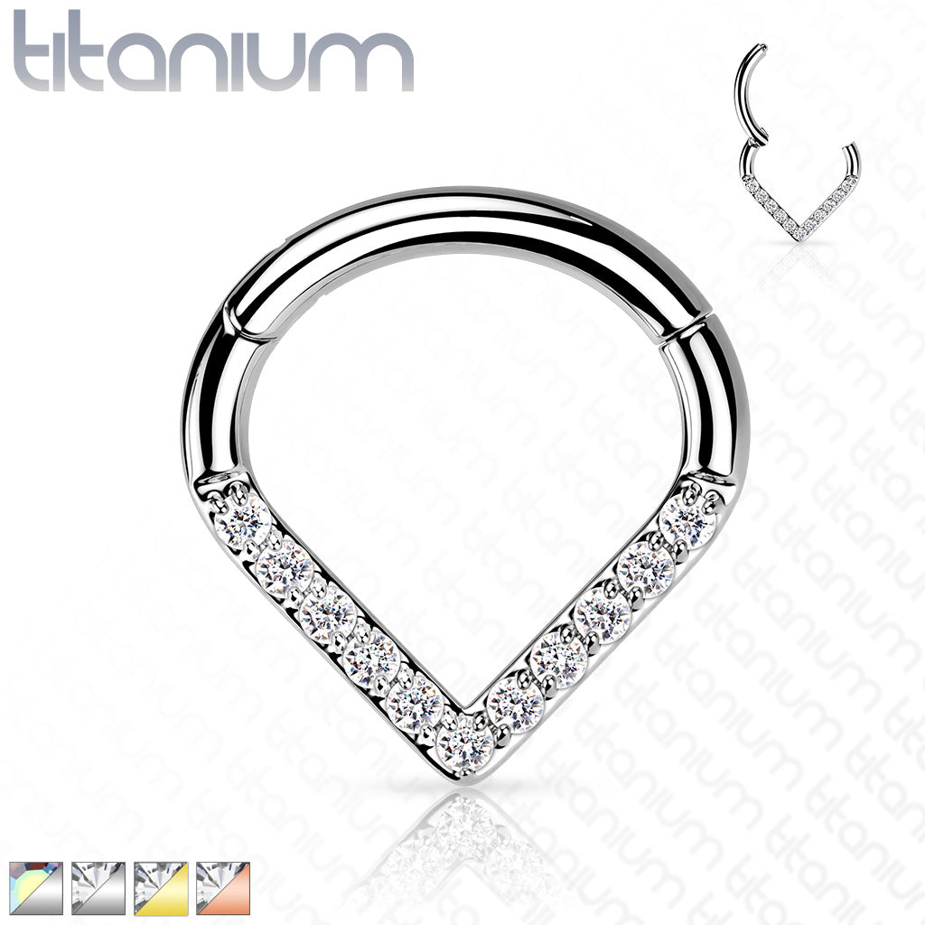1pc Titanium CZ Gem Paved Chevron Line Hinged Segment Ring Helix Septum Clicker