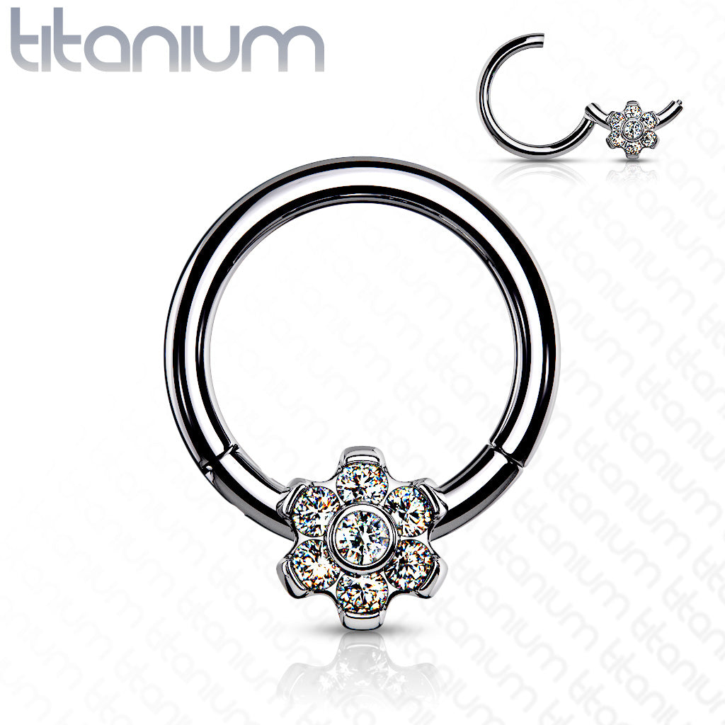 1pc Titanium CZ Gem Flower Hinged Segment Ring Helix Septum Clicker