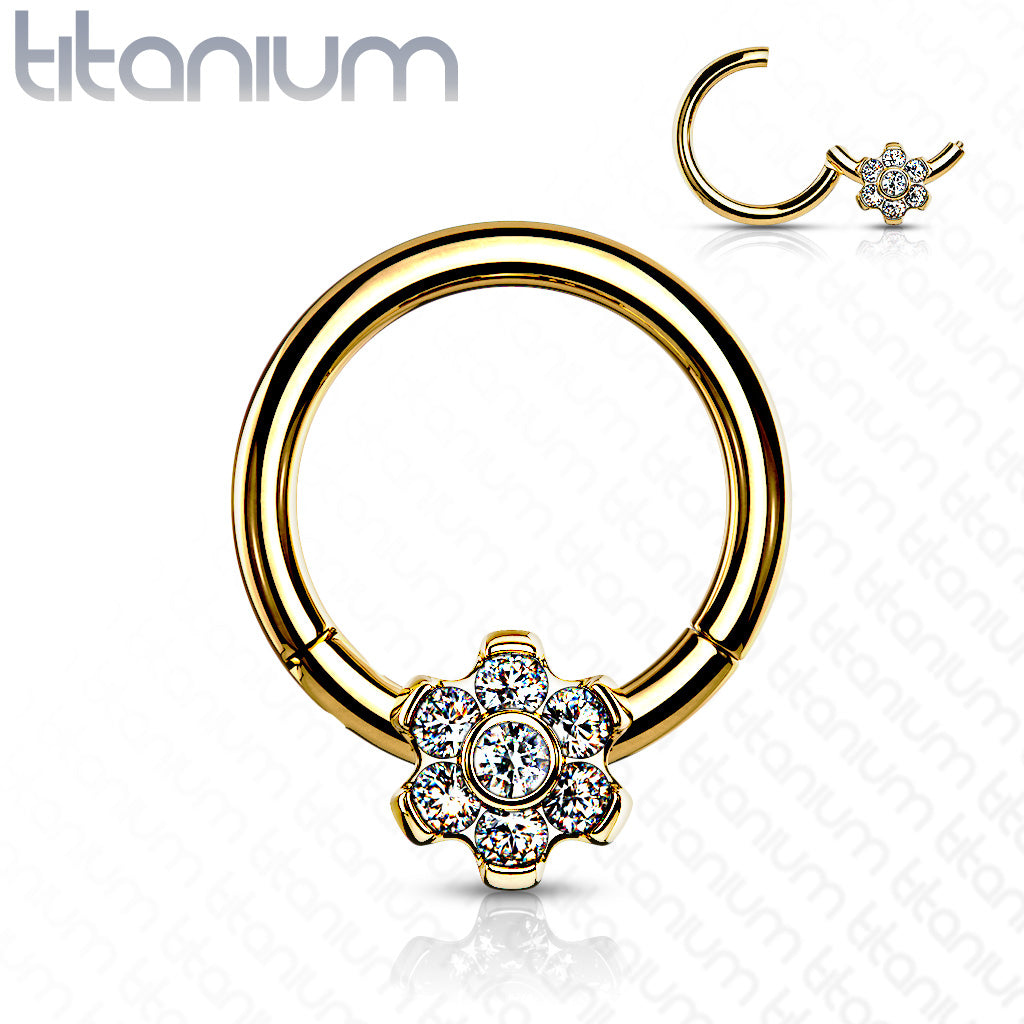 1pc Titanium CZ Gem Flower Hinged Segment Ring Helix Septum Clicker