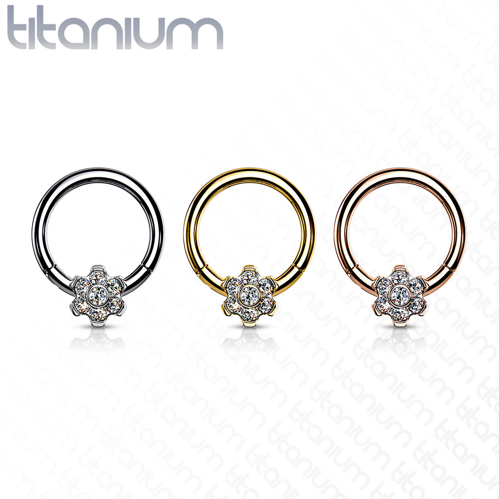 1pc Titanium CZ Gem Flower Hinged Segment Ring Helix Septum Clicker