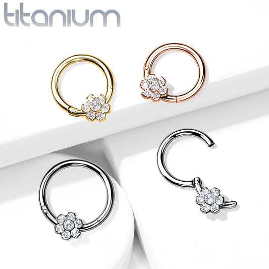 1pc Titanium CZ Gem Flower Hinged Segment Ring Helix Septum Clicker