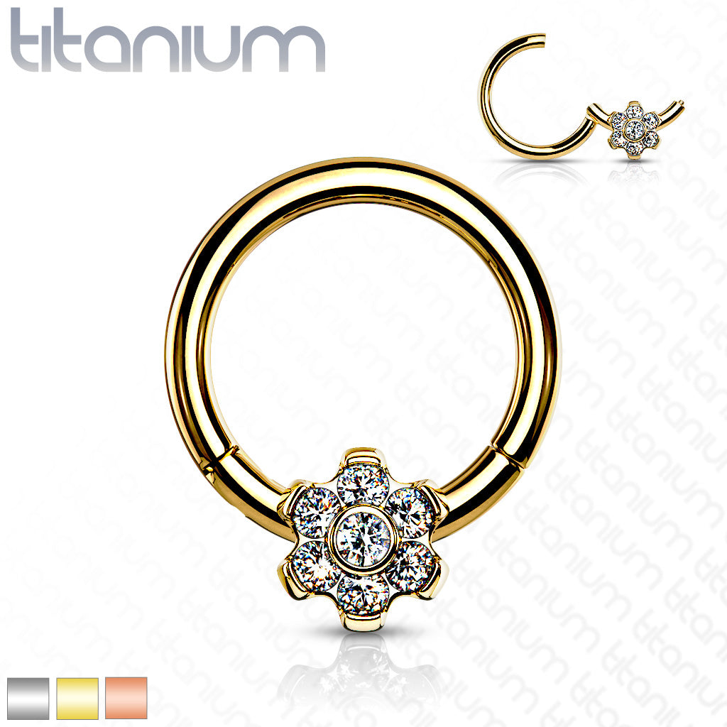 1pc Titanium CZ Gem Flower Hinged Segment Ring Helix Septum Clicker