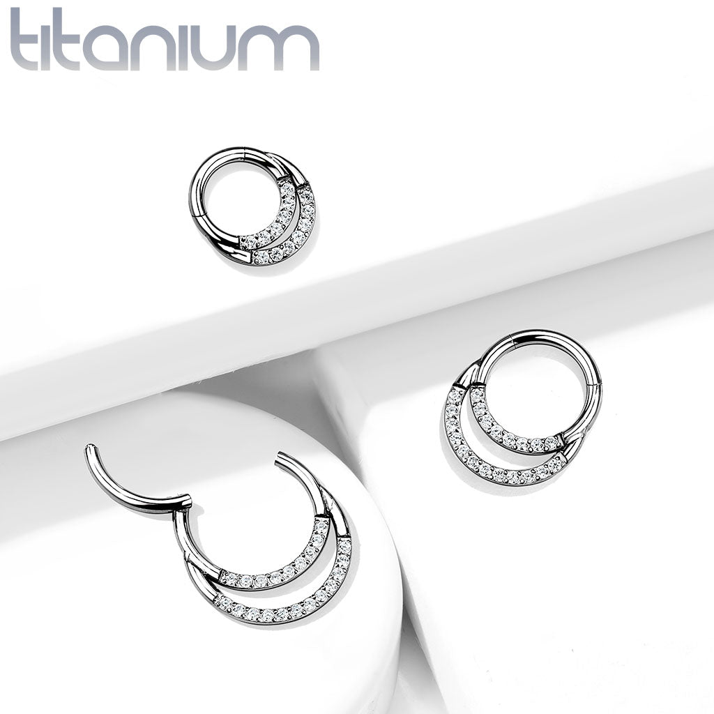 1pc Titanium Hinged Segment Ring Double Lined CZ Gems Septum Hoop Helix Daith