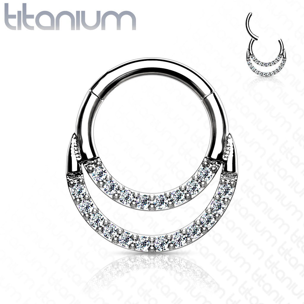 1pc Titanium Hinged Segment Ring Double Lined CZ Gems Septum Hoop Helix Daith