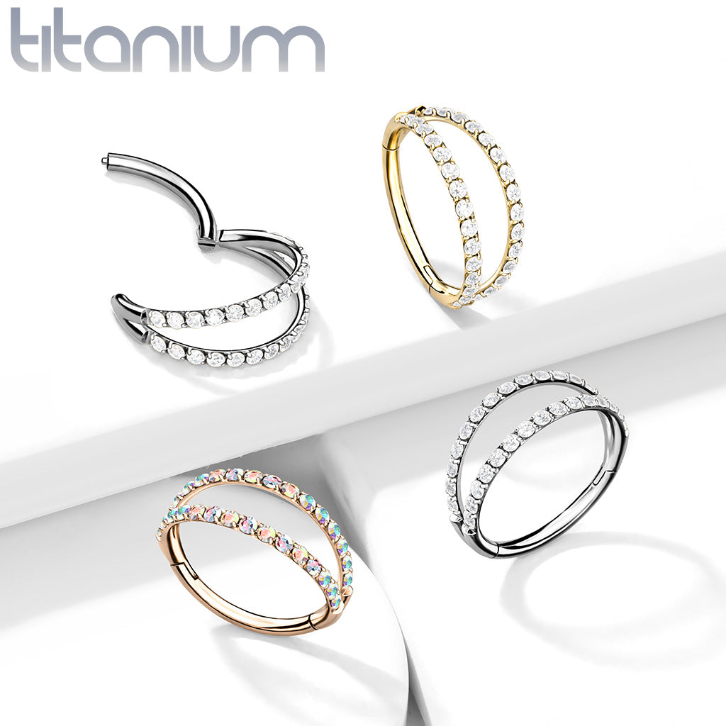 1pc Titanium Hinged Segment Hoop Ring Clicker Helix Double Line CZ Gems Daith