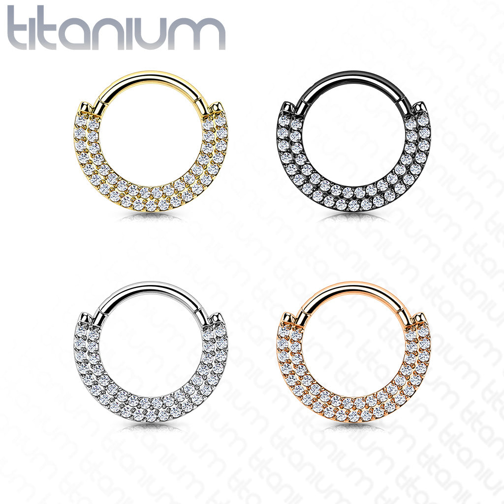 1pc Titanium Hinged Septum Ring Clicker Helix CNC set Double Line CZ Gems Daith