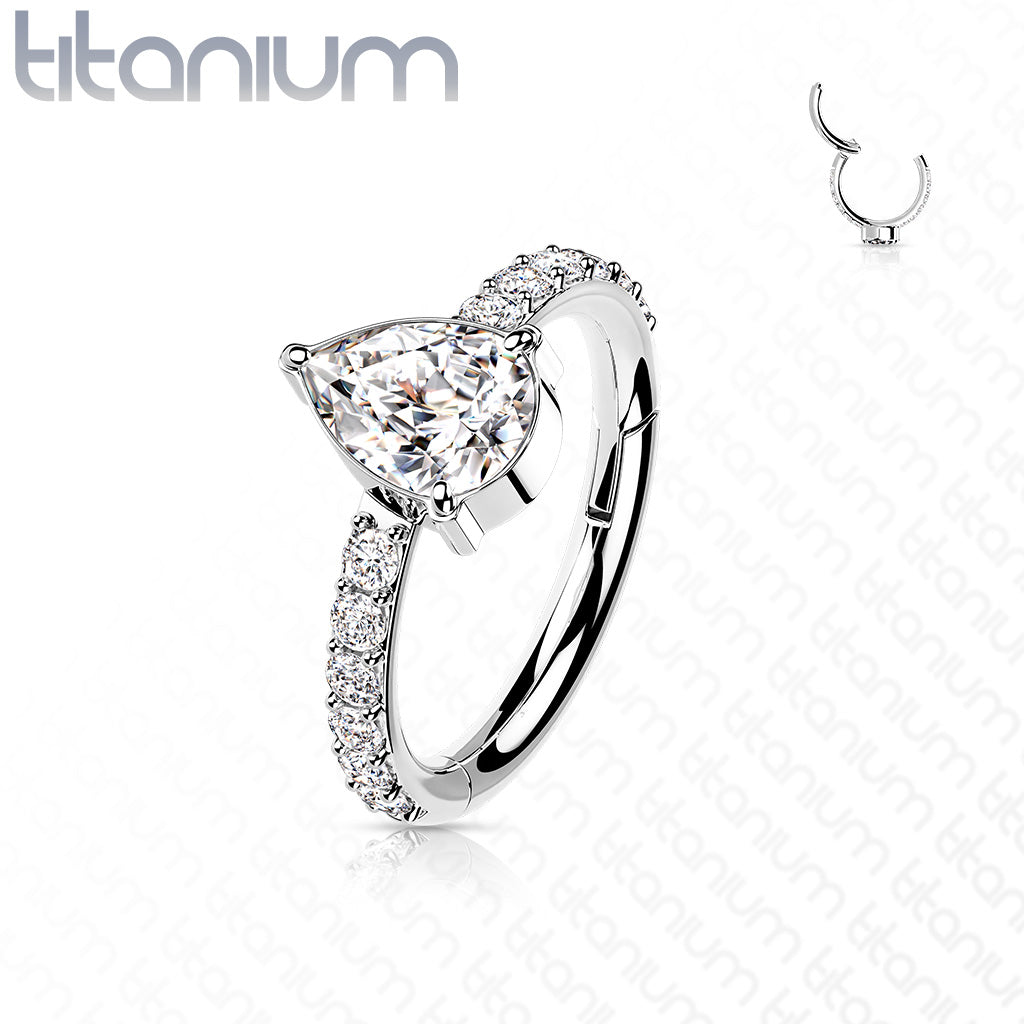 1pc Titanium CZ Teardrop w/ Gem Sides Hinged Segment Ring Helix Septum Clicker