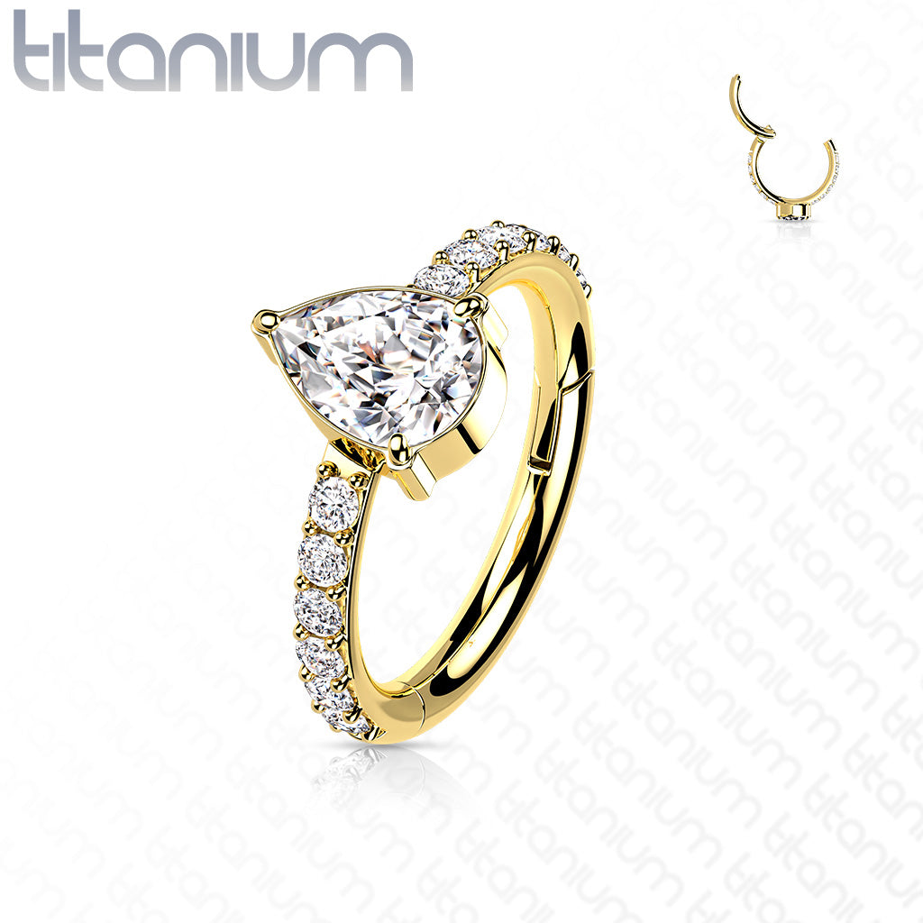 1pc Titanium CZ Teardrop w/ Gem Sides Hinged Segment Ring Helix Septum Clicker