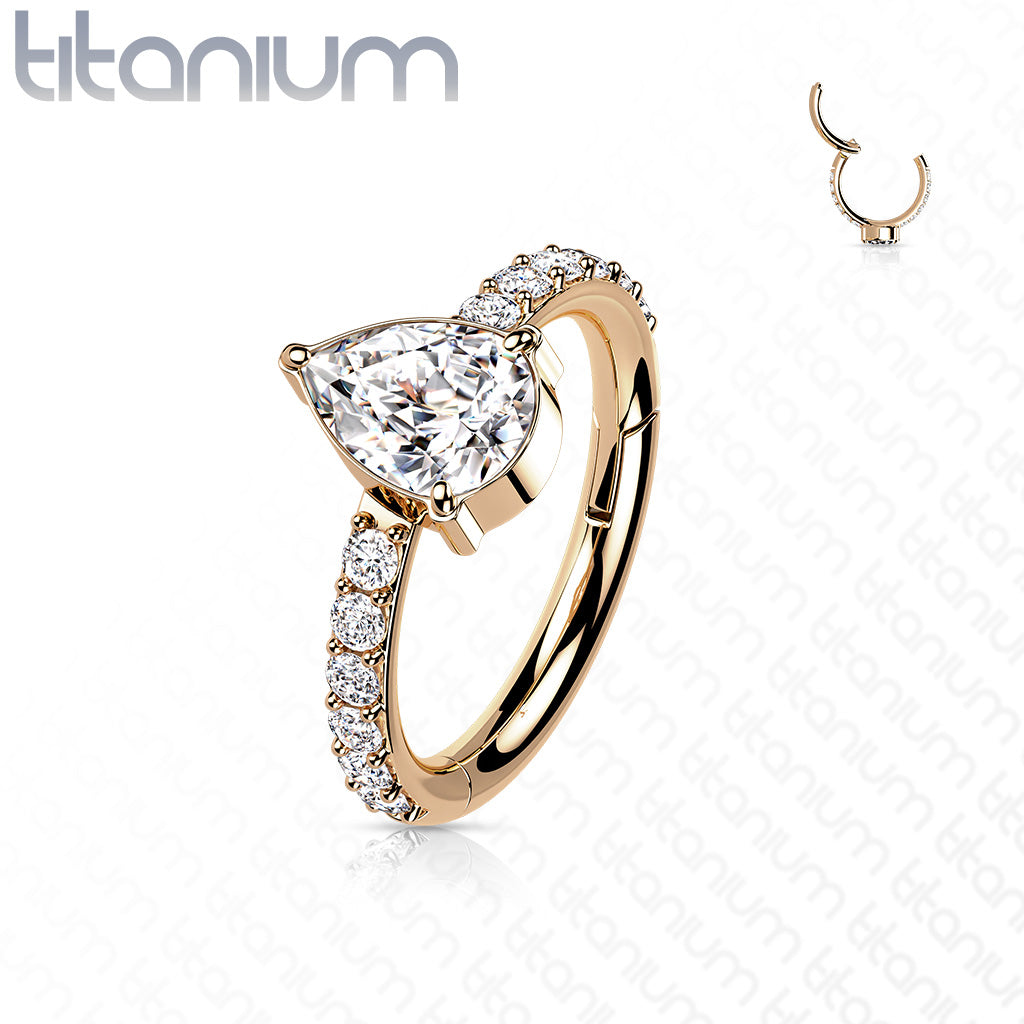 1pc Titanium CZ Teardrop w/ Gem Sides Hinged Segment Ring Helix Septum Clicker