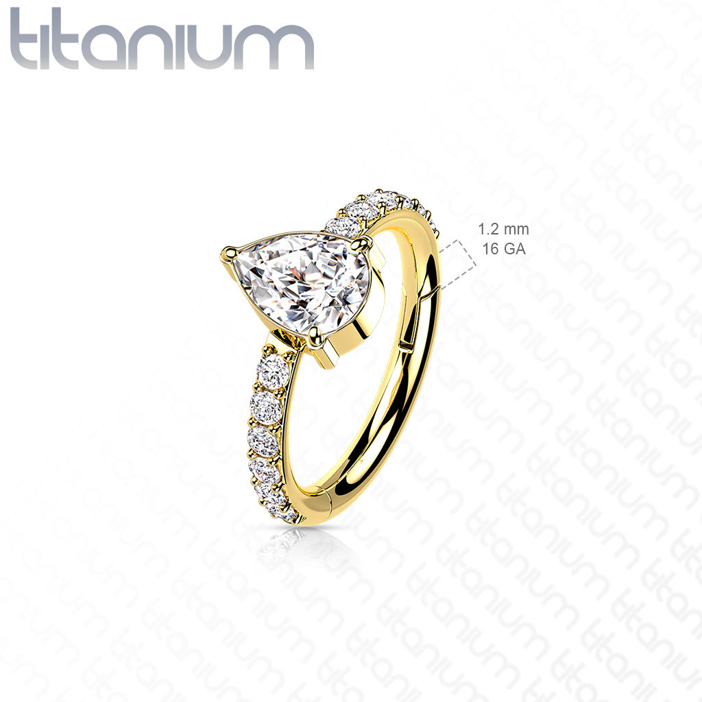 1pc Titanium CZ Teardrop w/ Gem Sides Hinged Segment Ring Helix Septum Clicker