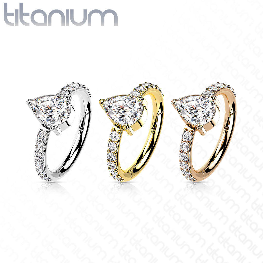 1pc Titanium CZ Teardrop w/ Gem Sides Hinged Segment Ring Helix Septum Clicker