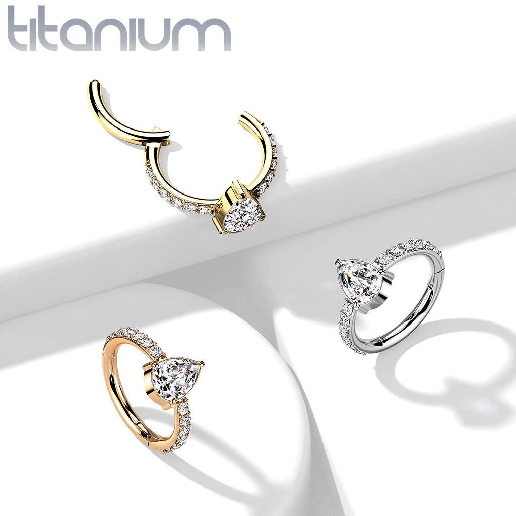 1pc Titanium CZ Teardrop w/ Gem Sides Hinged Segment Ring Helix Septum Clicker