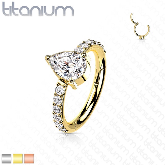 1pc Titanium CZ Teardrop w/ Gem Sides Hinged Segment Ring Helix Septum Clicker