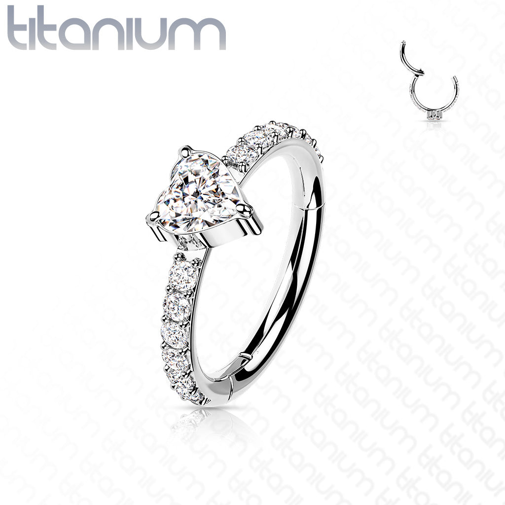 1pc Titanium CZ Gem Heart w/Paved Sides Hinged Segment Ring Helix Septum Clicker