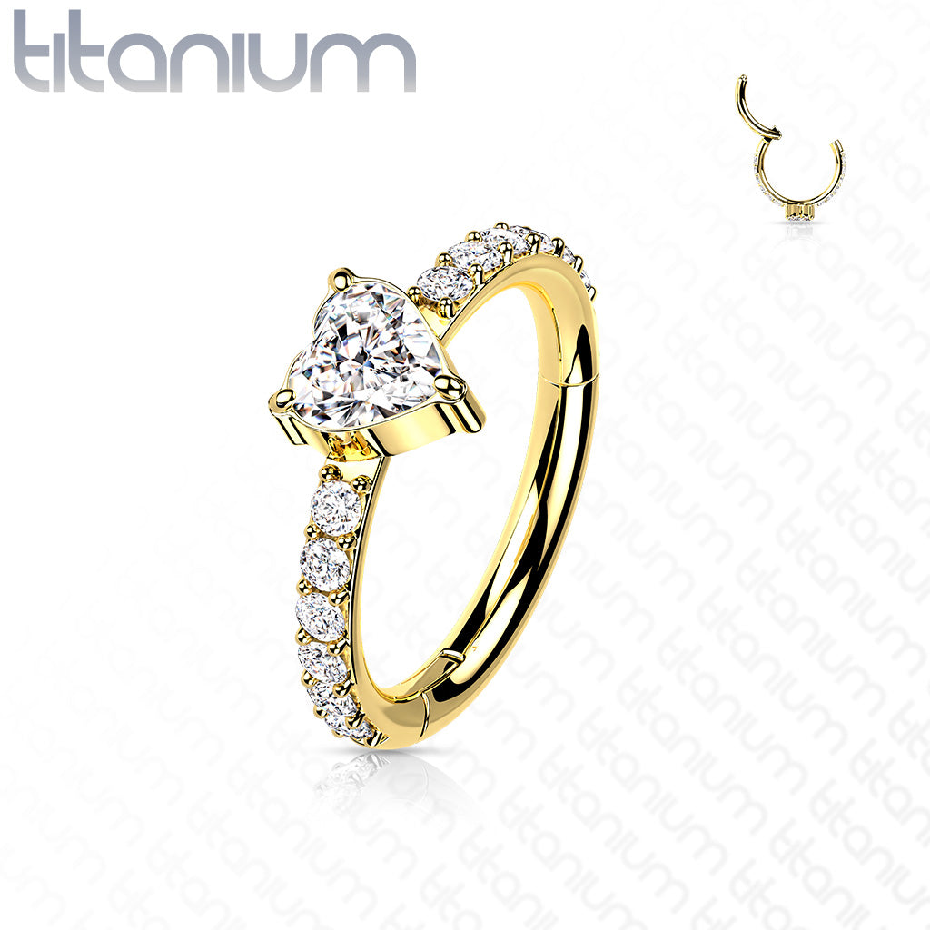 1pc Titanium CZ Gem Heart w/Paved Sides Hinged Segment Ring Helix Septum Clicker