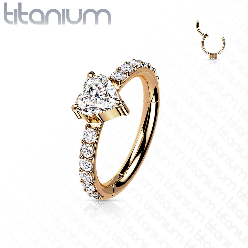 1pc Titanium CZ Gem Heart w/Paved Sides Hinged Segment Ring Helix Septum Clicker
