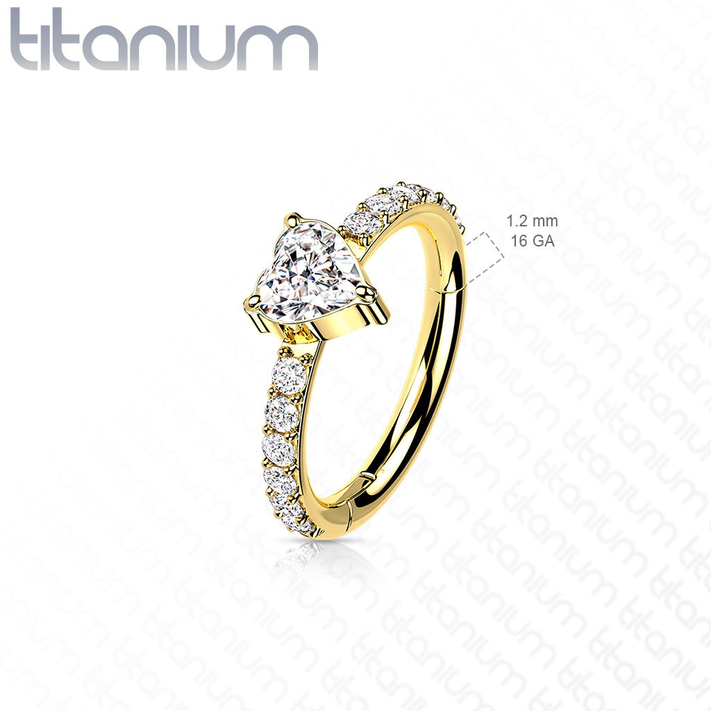 1pc Titanium CZ Gem Heart w/Paved Sides Hinged Segment Ring Helix Septum Clicker