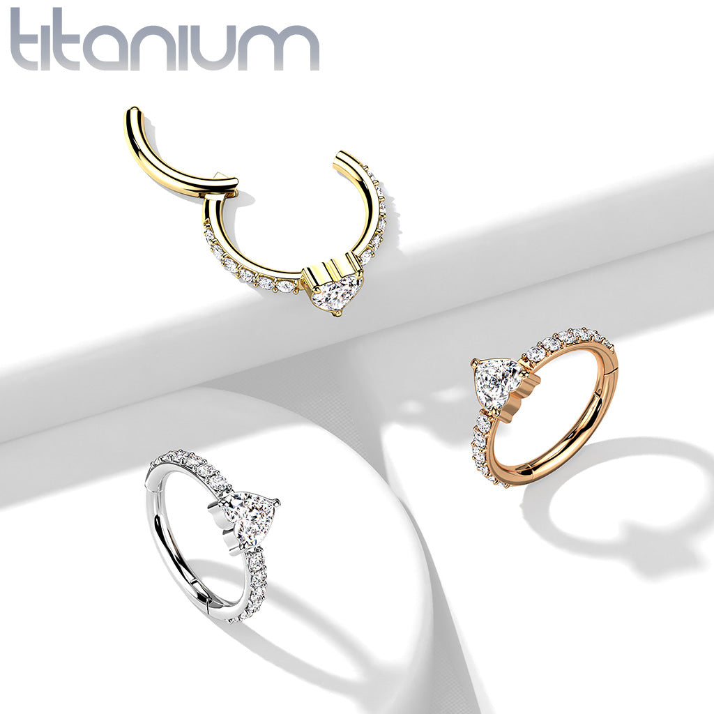 1pc Titanium CZ Gem Heart w/Paved Sides Hinged Segment Ring Helix Septum Clicker