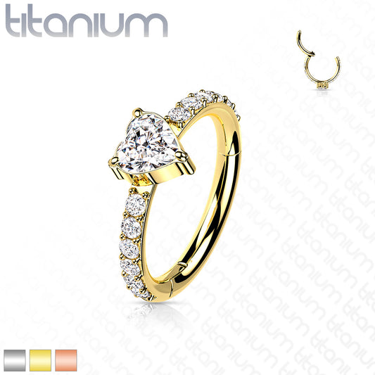 1pc Titanium CZ Gem Heart w/Paved Sides Hinged Segment Ring Helix Septum Clicker