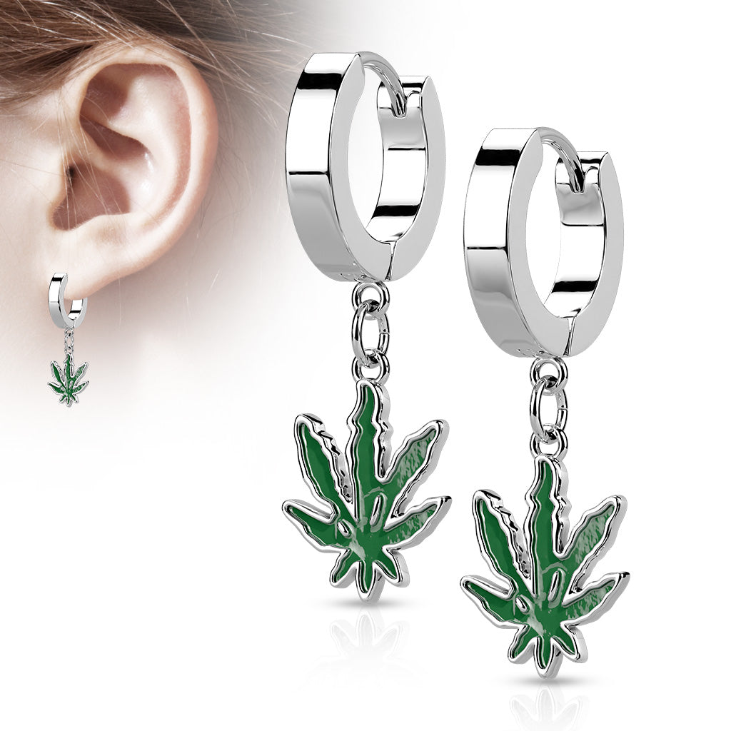 PAIR of Pot Leaf Dangle Hinged Hoop Earrings Huggies Marijuana 18g Steel