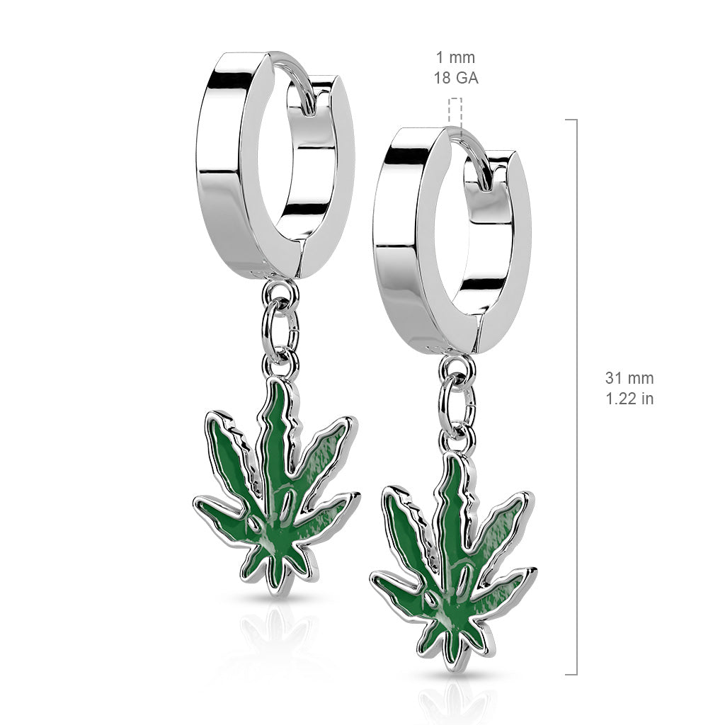 PAIR of Pot Leaf Dangle Hinged Hoop Earrings Huggies Marijuana 18g Steel