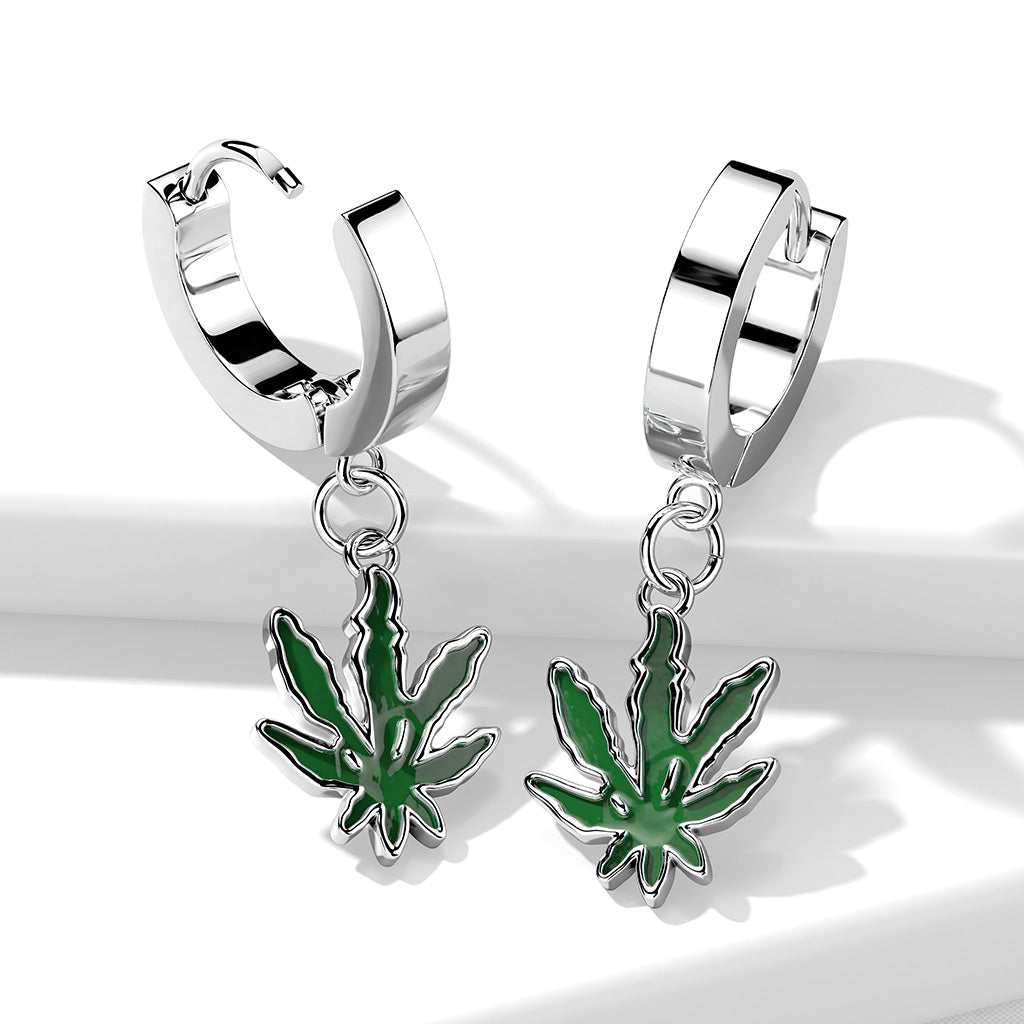 PAIR of Pot Leaf Dangle Hinged Hoop Earrings Huggies Marijuana 18g Steel