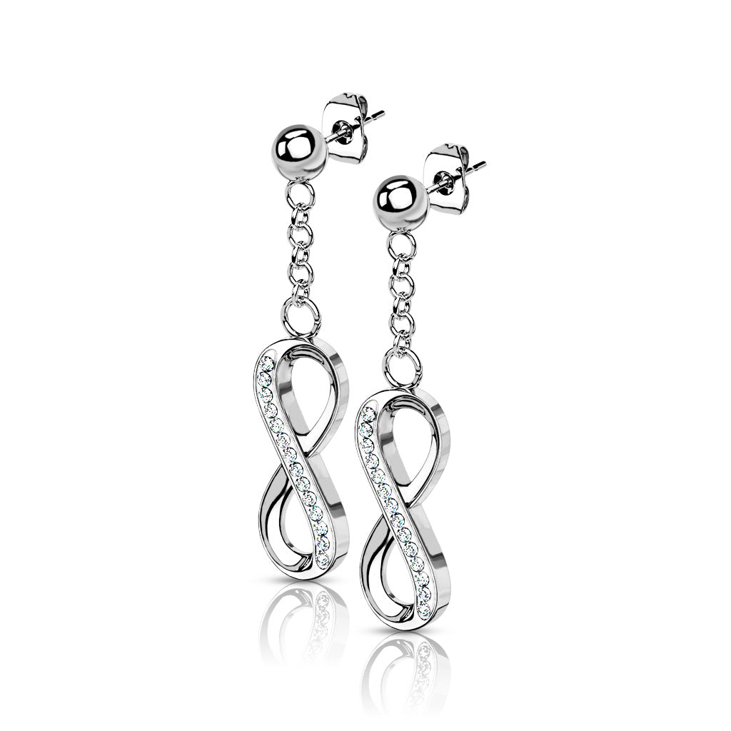 PAIR Ball Stud Earrings w/ CZ Gem Paved Infinity Dangles 316L Surgical Steel 20g