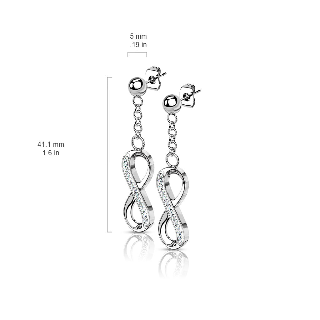 PAIR Ball Stud Earrings w/ CZ Gem Paved Infinity Dangles 316L Surgical Steel 20g