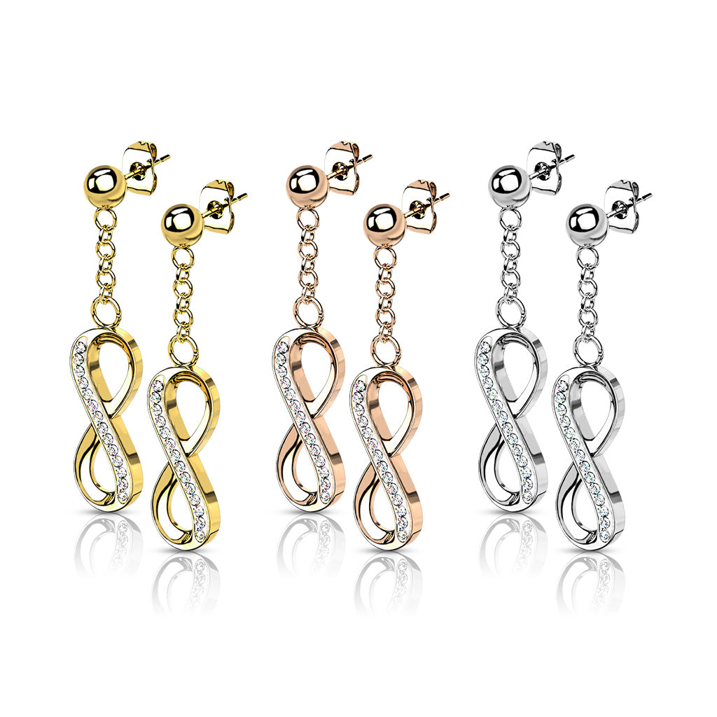 PAIR Ball Stud Earrings w/ CZ Gem Paved Infinity Dangles 316L Surgical Steel 20g