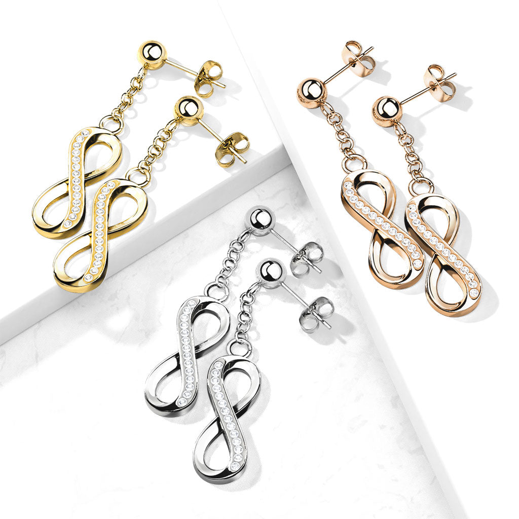 PAIR Ball Stud Earrings w/ CZ Gem Paved Infinity Dangles 316L Surgical Steel 20g