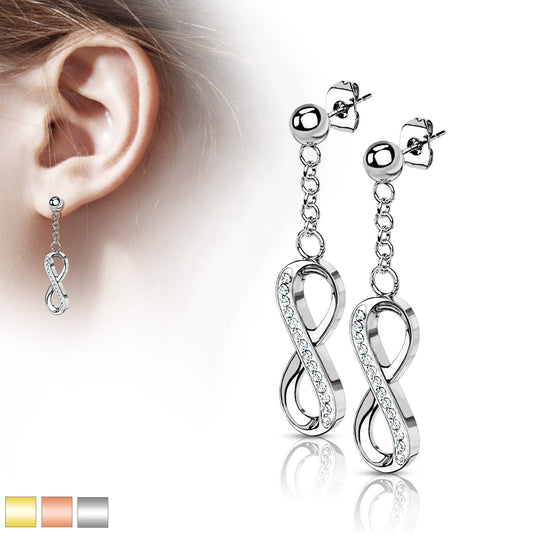 PAIR Ball Stud Earrings w/ CZ Gem Paved Infinity Dangles 316L Surgical Steel 20g