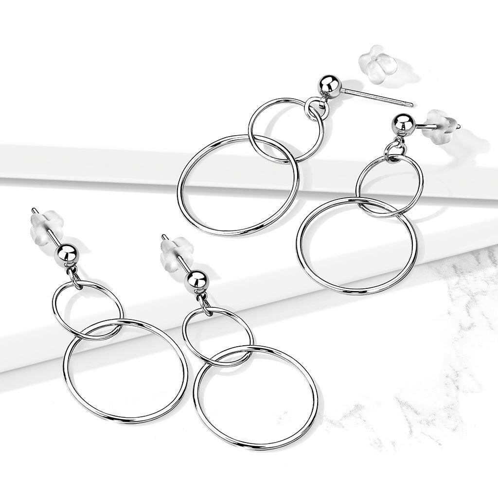 PAIR Ball Stud Earrings w/Double Hoop Dangles 316L Surgical Steel 20g