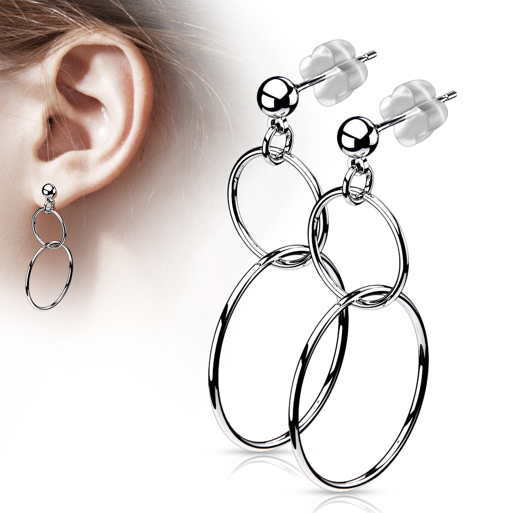 PAIR Ball Stud Earrings w/Double Hoop Dangles 316L Surgical Steel 20g