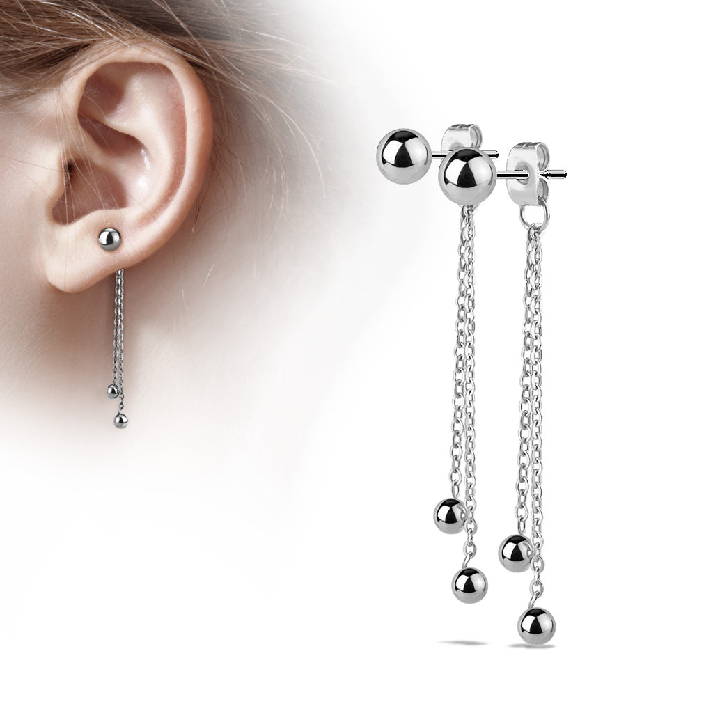 PAIR of Two Chain Free Falling Steel Balls 20g Earrings